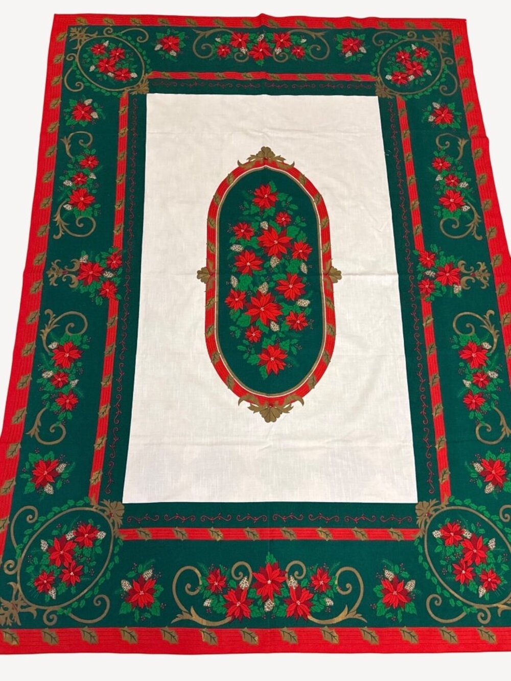 Vintage 1980s Christmas Tablecloth 50"x68" Red & Green Holly Holiday Rectangle